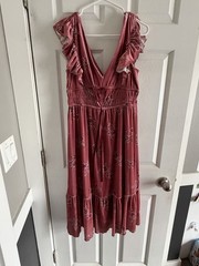 francesca&rsquo;s Pink Velvet Floral Ruffle Midi Dress Sleeveless V-Neck Size M