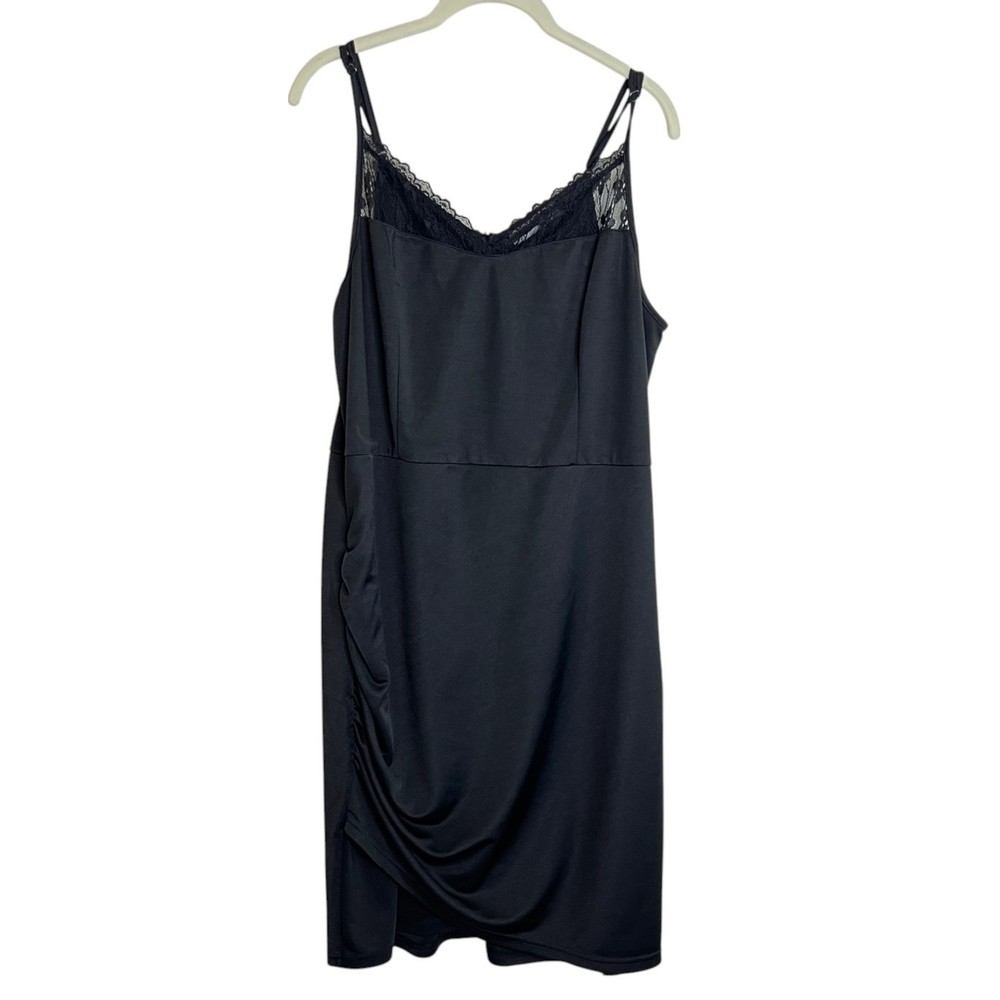 Grace Karin Black Ruched Bodycon Slip Dress XL Lace Trim Spaghetti Straps