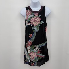Ecote Dress Womens Small Black Floral Bird Open Back Boho Rayon Keyhole Festival