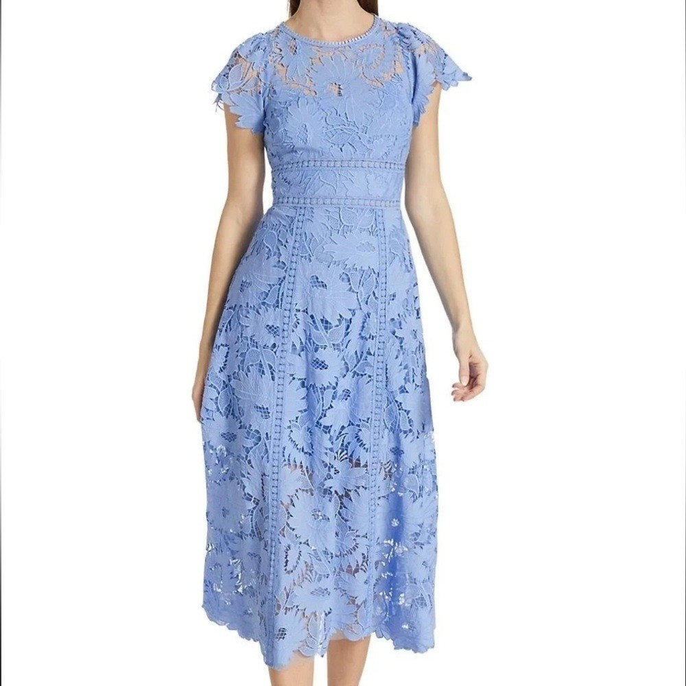 ML Monique Lhuillier Delphinium Blue Floral Lace Midi Dress 4 NWT $645