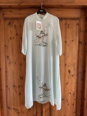 Ladies Floral Embroidery Midi Dress Mesh Sleeve Chinese Ethnic Gown Elegant