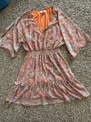 Flying Tomato Paisley Chiffon Mini Dress – V-Neck Kimono Sleeve Smocked Lined M