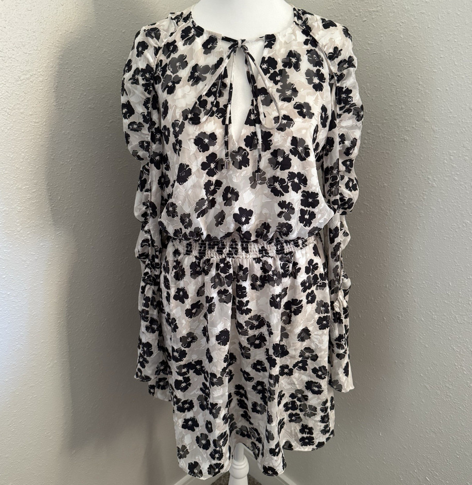 Ted Baker Felici Floral Burnout Long Sleeve Mini Dress Size 2 Keyhole Smocked