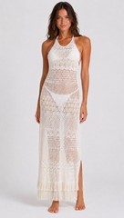 Milly Cabana White Crochet Halter Backless Maxi Dress with Fringe – sz L