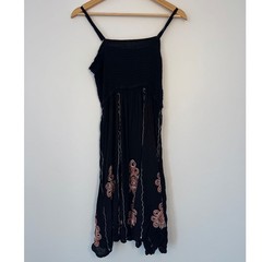 Boho India Boutique Smocked Handkerchief Hem Dress Womens One Size Black Orange