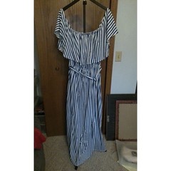 Pinup Fashion NWT Blue White Striped Off Shoulder Belted Ruffle Maxi Dress 22W