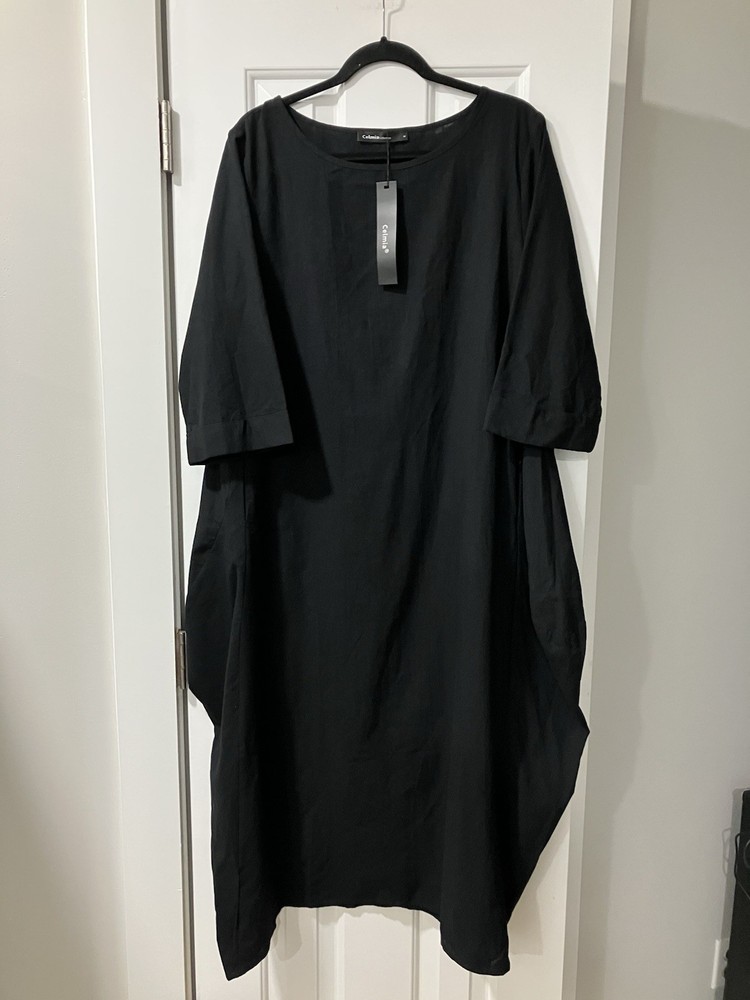 CELMIA Collection Dress Size Medium Midi Black Cotton Elbow Sleeve Oversized NWT