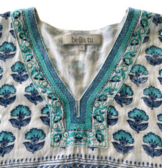 Bella Tu Midi Dress Size Small White Blue Floral Tribal Embroidery Mirror Beads