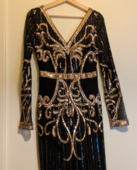 Goddiva Black Gold Sequin Maxi Fishtail Dress Flapper Gatsby 20&rsquo;s Style UK 8