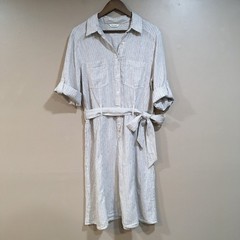 Max Studio Linen Blend Button Up Shirt Dress Womens S Tan Cream Stripe Coastal