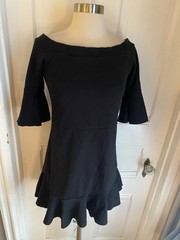FREE PEOPLE BLACK COTTON PULLOVER FIT & FLARE DRESS-SIZEM-RUFFLE ELBOW SLEEVES!!