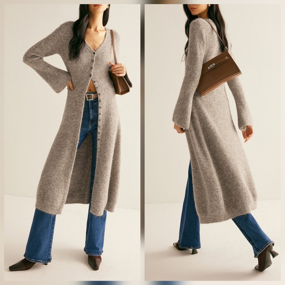 Commense Stacking V-Neck Split Breasted Knit Sweater Dress Beige Bell Sleeve SML