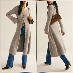 Commense Stacking V-Neck Split Breasted Knit Sweater Dress Beige Bell Sleeve SML