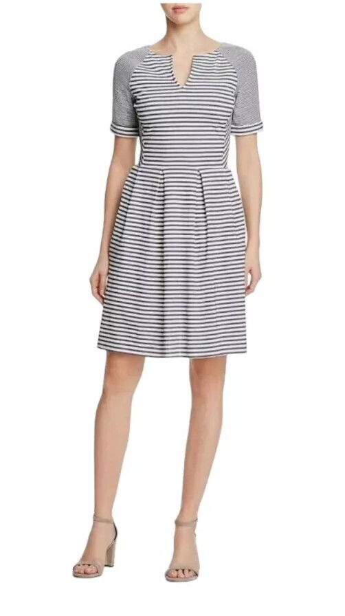 Three Dots Womens Pleated Knee-Length Casual Dress Size Medium Grey/White Stripe