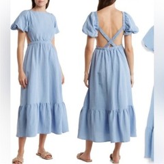 ASTR the Label Jelena Cutout Puff Midi Dress Blue Size M