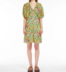 Max Mara Weekend Curvone Cotton Yellow Floral V-Neck Belted Dress Size 10 $485