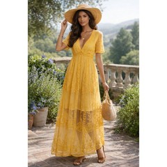 Boho Maxi Dress Womens M Yellow Lace Embroidered Bohemian Fairy Romantic Spring