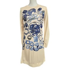 Women&rsquo;s Silk Merino Wool Knit Long Sleeve Graphic Print Dress Cream Blue Sz M