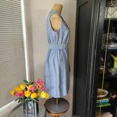 Sharagano Womens Blue Sleeveless Wrap Dress Notch Lapel Tie Waist Size 6
