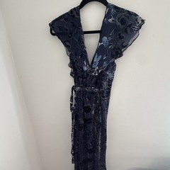 Lulus Blue Floral Chiffon Wrap Maxi Dress V-Neck Flutter Ruffle Tie Waist S