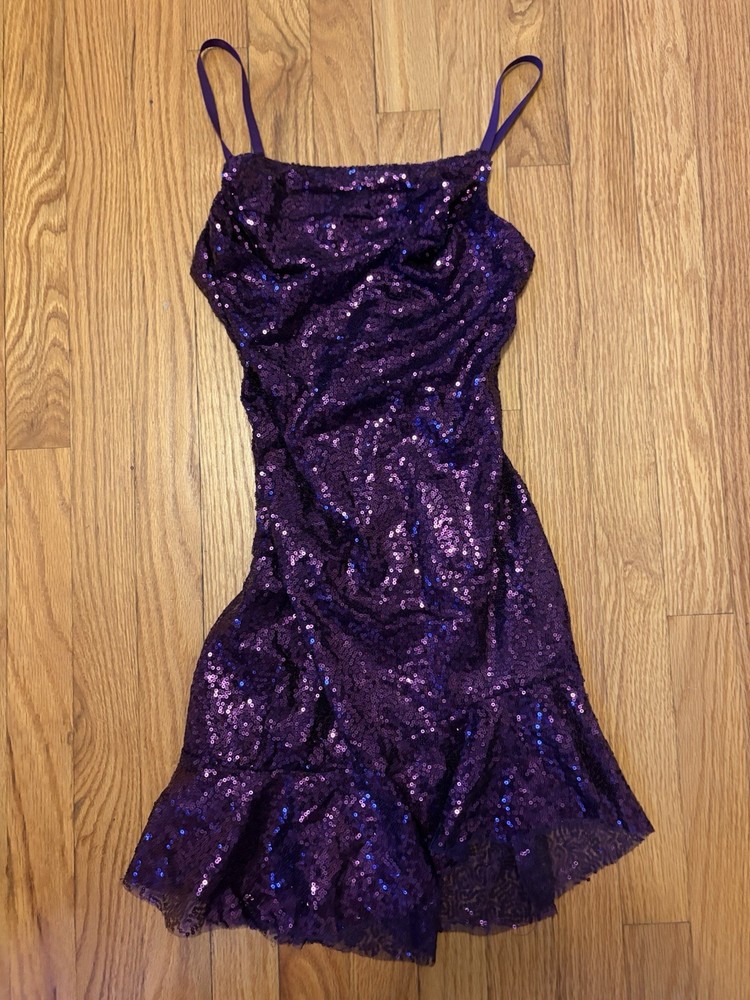 Purple Sequin Mini Dress S Square Neck Strappy Adjustable Lace-Up Ruffle Hem