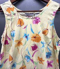 Linen Blend Dress 14P Butter Yellow Colorful Floral Boho Cottage Spring Whimsy