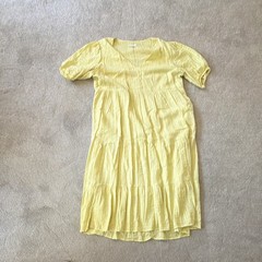 J. Jill Yellow Solid A-Line Knee Length Dress L Round Neck Puff Short Sleeve