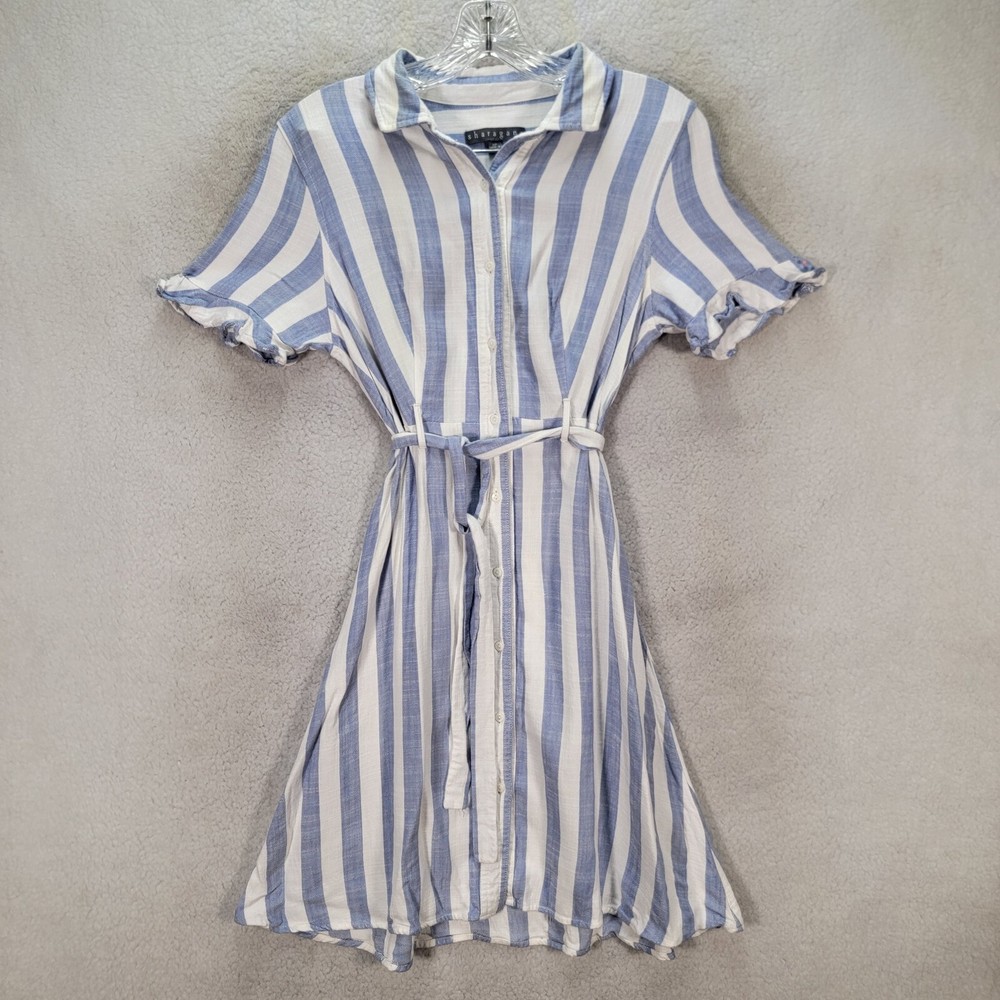 Sharagano Blue Striped Collar Belted Flowy Casual Mini Womens Dress Size 8P