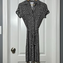 Blair Petite Black White Geometric Print Belted Waist Button Up Mini Shirt Dress