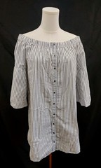 Abercrombie & Fitch Shirt Dress Off The Shoulder Blue White Stripe Bell Sleeve M