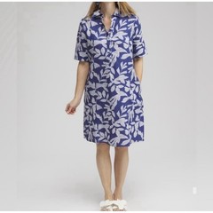 Chico&rsquo;s Linen Leaf Popover Dress Women&rsquo;s Size 8 Blue And White Coastal Resort