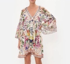 Camilla Dress Size S-M Oversized Queens Bee Hive Floral Flared Sleeve 100% Silk