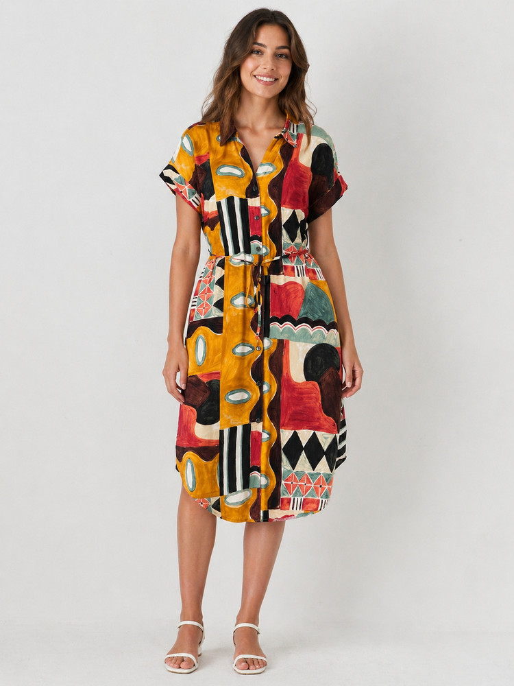 Mlle Gabrielle Womens printed button down collared short sleeve front tie Dress