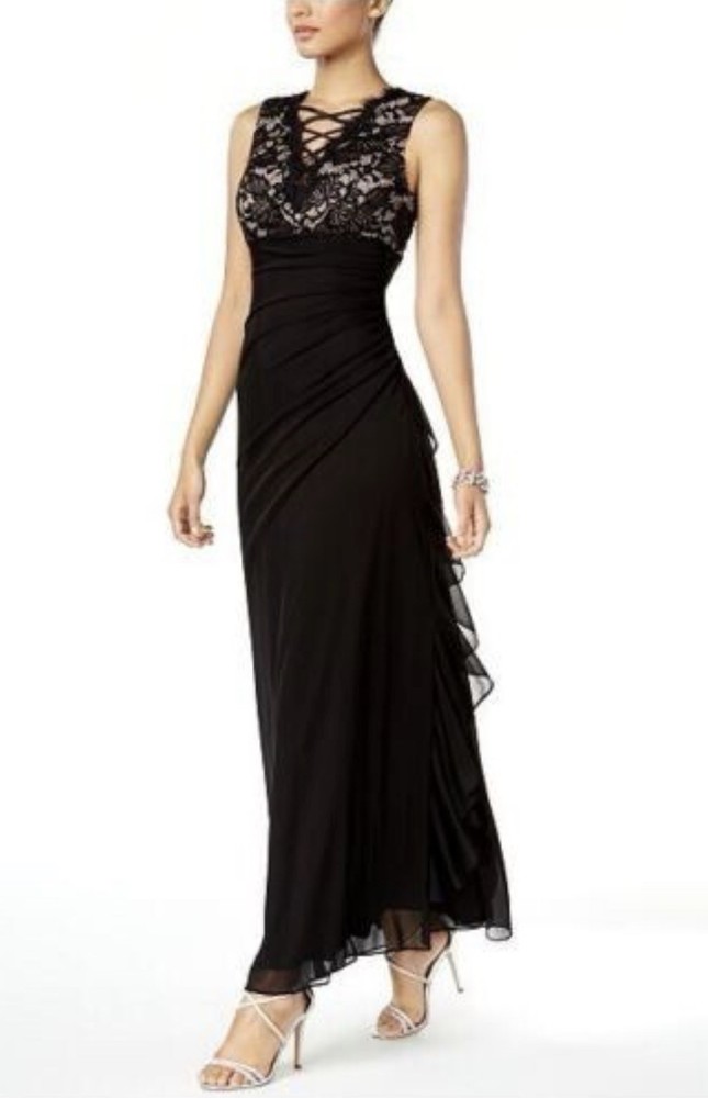 Betsy & Adam Black Lace Ruched Sleeveless Lace-Up Gown Dress 6