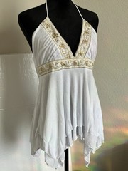 White/Gold Solid Halter V-Neck Mini Dress Sleeveless Embroidered Beaded L