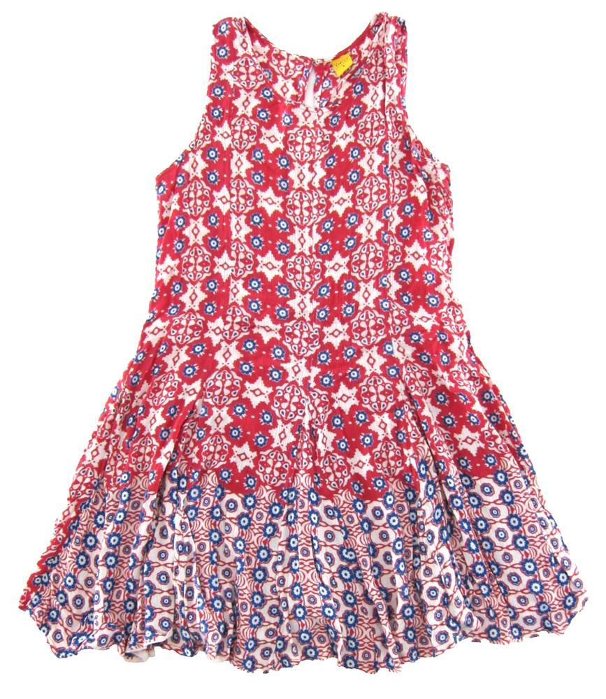 DEVI 100% Rayon Pink White Blue Floral Sleeveless Shift Tunic Tank Sun Dress S