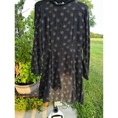 Loft Black White Dot Ruffle Neck Long Sleeve Mini Dress Size 6 Crochet Trim