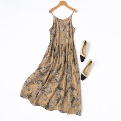 100% Mulberry Silk Women Chemise Brown Printed Long Type Full Slip Dress M1308