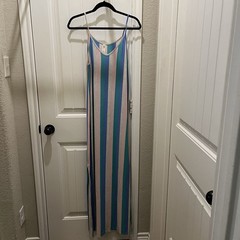 Vanilla Bay Blue Gray Green Pink Striped Strappy Maxi Dress Beachy Womens Size M