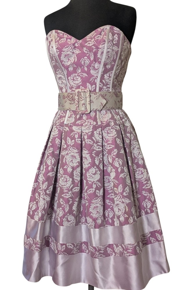 Badgley Mischka Women&rsquo;s Size 2 Pink Floral Jacquard Fit & Flare Dress Belted