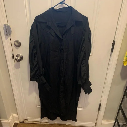 Black Button Up Collared Shirt Dress with Fancy Cuffs and Hi Low Design Size M