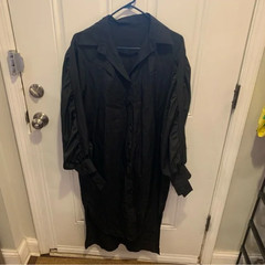 Black Button Up Collared Shirt Dress with Fancy Cuffs and Hi Low Design Size M