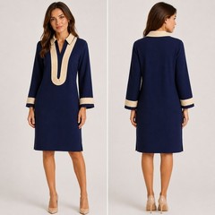 Sail to Sable Navy Blue Linen Tunic Dress Gold Woven Trim V-Neck Long Sleeve L