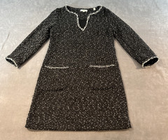 Classic Preppy Academia Black Tweed Knit Mini Dress Womens XS Fringe Pockets