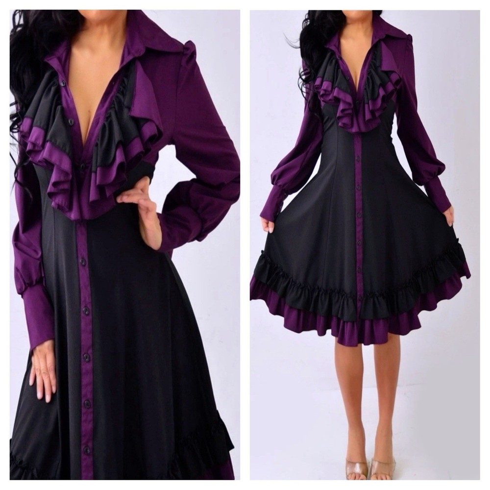 Purple Black Ruffle Buttons Up Long Sleeve Dress S Small