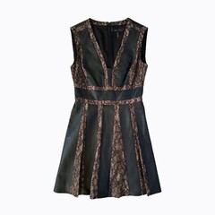 BCBGMaxAzria Black Faux Leather Dress Pleated Brown Lace V-Neck Y2K 90s Goth