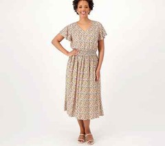 Candace Cameron Bure Smocked V-Neck Midi Dress-Multi Floral-XS A544124 NEW