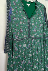 J. JILL Peasant Dress Vibrant Green Floral Print w/ contrasting border details M