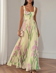 Sleeveless Formal Pleated Printed Dress Women A-Line Elegant Party Summer Midi