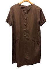 Positive Influence Dress L Women&rsquo;s Brown Linen Shift Short Sleeve Button Front